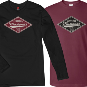 J.E. Holmes Mustangs retro diamond logo custom screen printed shirt highlighting both ink colors for the graphic
