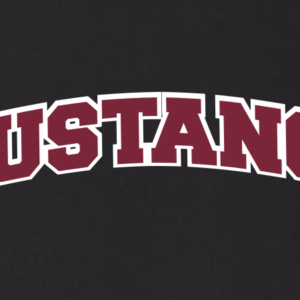 J.E. Holmes Mustangs in Eden, NC close up view of graphic for the retro arch custom screen printed shirt
