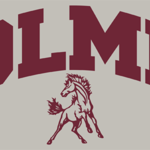 J.E. Holmes Mustangs retro arch custom screen printed graphic in maroon ink