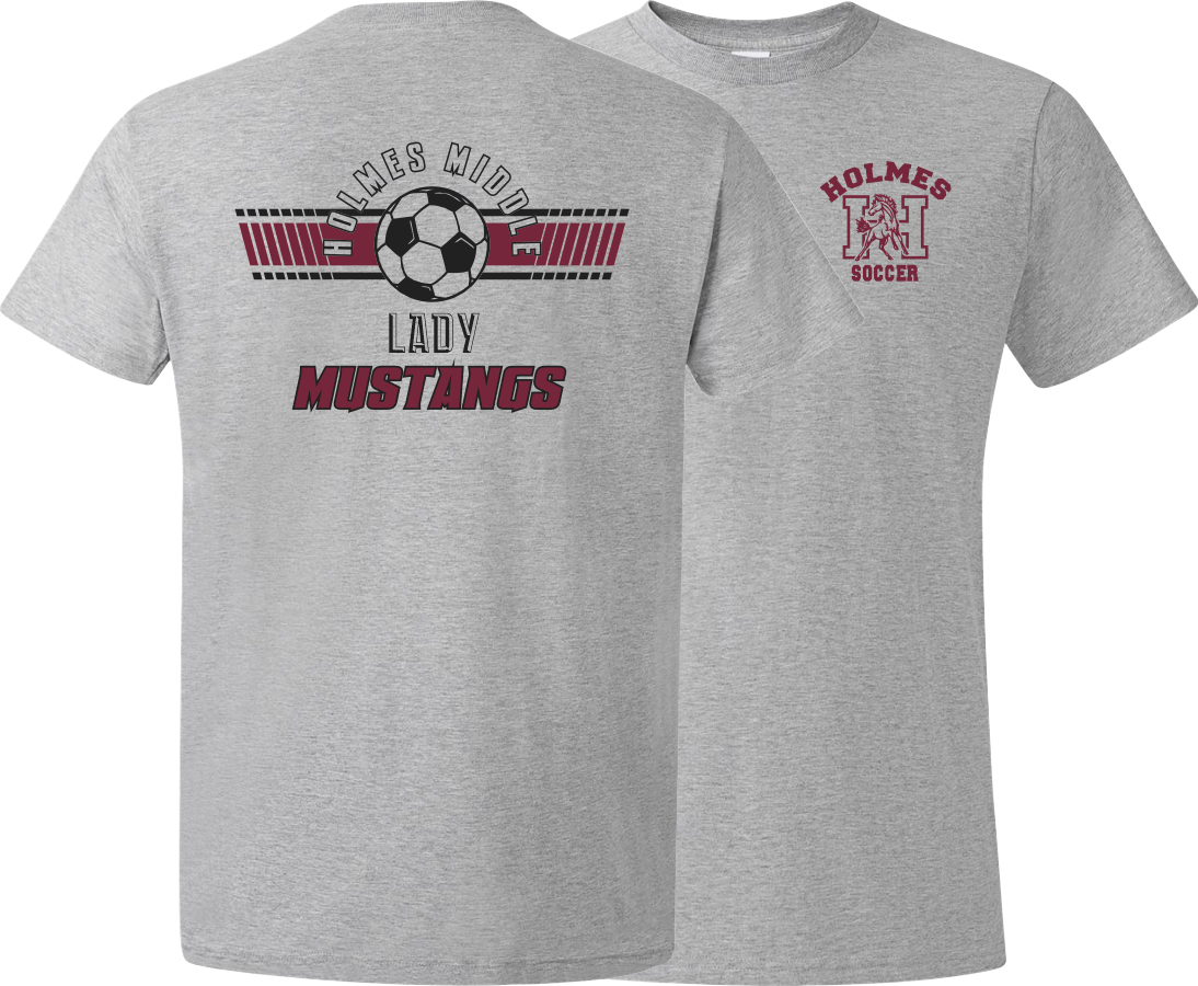 Lady Mustangs soccer on a Gildan 640000 with maroon and black ink