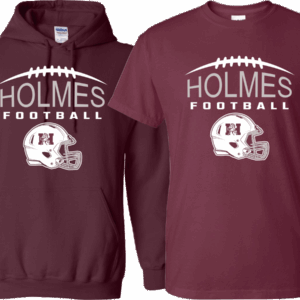 picture of Holmes football on a shirt and hoodie